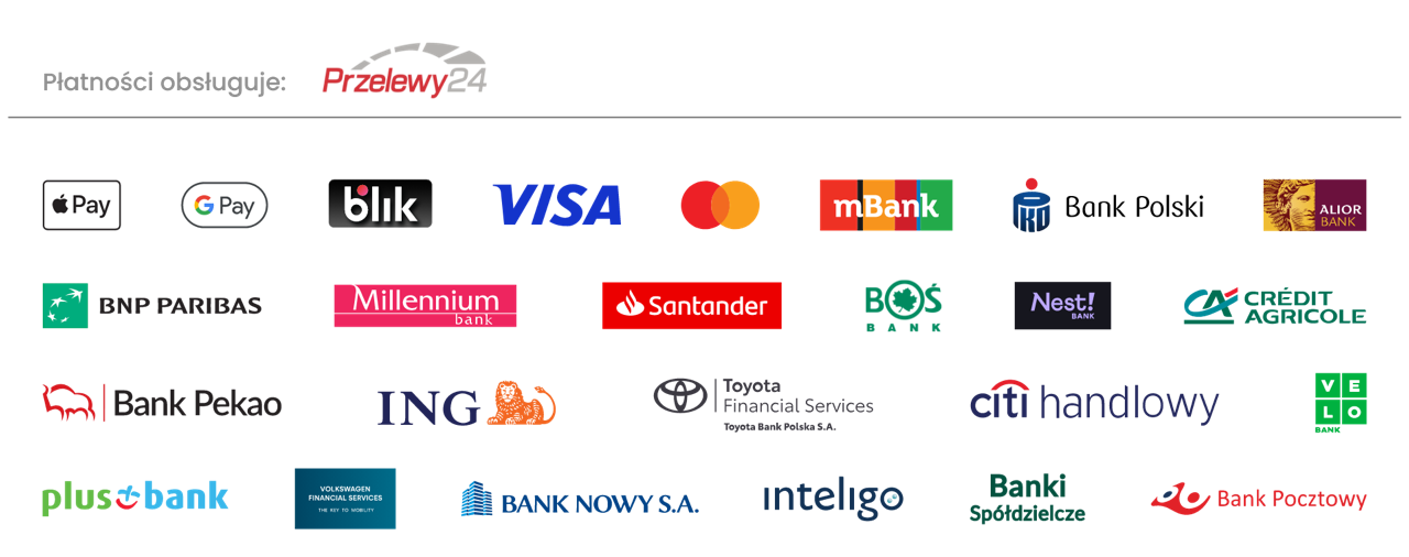Płatności obsługuje Przelewy24: BLIK, Apple Pay, Google Pay, karty Visa i Mastercard oraz przelewy z banków